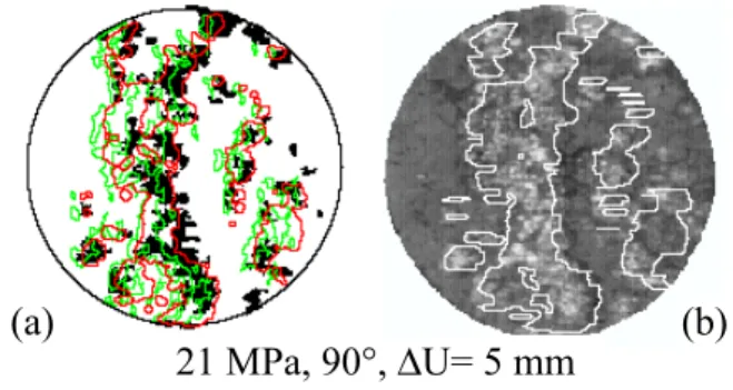 Fig. 5. (a) Boundaries of areas with highest gradient (green), geometrical incompatibilities (red) and damaged areas (black); (b) see in the text.