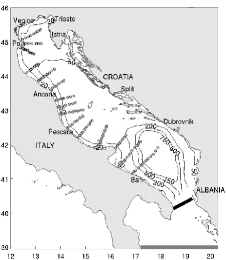 Fig. 1. Adriatic Sea coastline and bathymetry. Small circles rep-resent CTDs locations