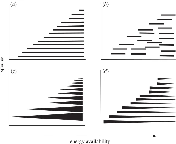 Figure 1. Extreme patterns in species distribution along an energy gradient leading to higher richness at higher energy levels.(a) The nested distribution: all species can occur in higher energy levels, but not all can thrive in low levels of availableener