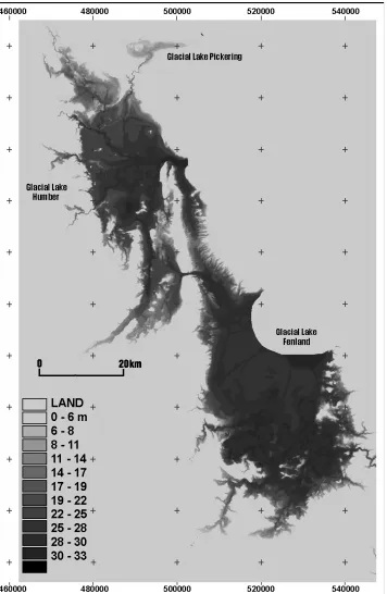 Figure 7. Extent and bathymetry of ice-dammed lakes Pickering, Humber and Fenland, as computed utilising published data on lake levels, ice damming positions and a DEM of topography