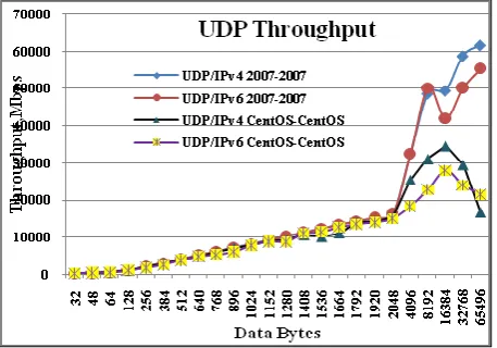 Figure 5: UDP throughput comparison between the two IP versions for CentOS and windows 2007