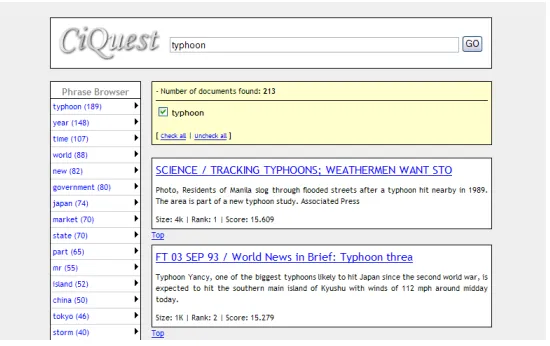 Fig. 4. CiQuest system: Top level of menu is shown along with the search result
