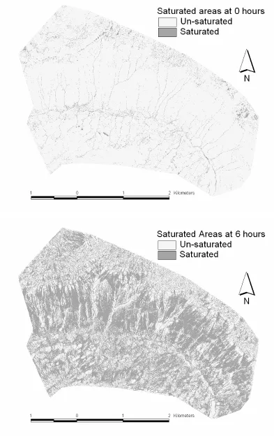 Figure 2.  Predictions of zero saturation deficit at the start (Figure 2a) and after 6 hours after onset of rain 