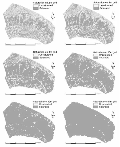 Figure 4.  The effects of DEM resolution upon patterns of saturation for 2.0 m, 4.0 m, 8.0 m, 16.0 m, 32.0 
