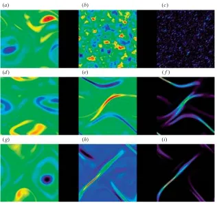 Figure 5. Evolution of the magnetic ﬁeld. The ﬁgure shows the spatiotemporal evolution of(kthe vertical vorticity q (a, d, g), Re(b1) (b, e, h) and B · B (c, f , i) for ν = 0.004, η = 0.01 and = 0.7