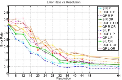 Fig. 4.The average error rate of various recognition algorithms asa function of the resolution of hand images using RPPpre-processing
