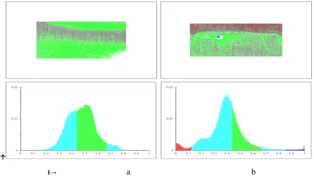 Fig. 7. Image of the sample surface fragment (x12) and light reflection brightness spectra from it before deformation (a) and after the formation of main crack (b)