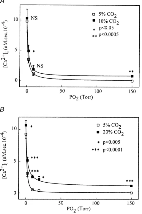Figure 2.Plot of the mean relationship between [Ca2+]i (measuredﬂuorimetrically from type I cells using the [Ca2+]i indicatorIndo-1) and PO2 under eucapnic conditions, and when CO2 wasraised to either 10% (A) or 20% (B)