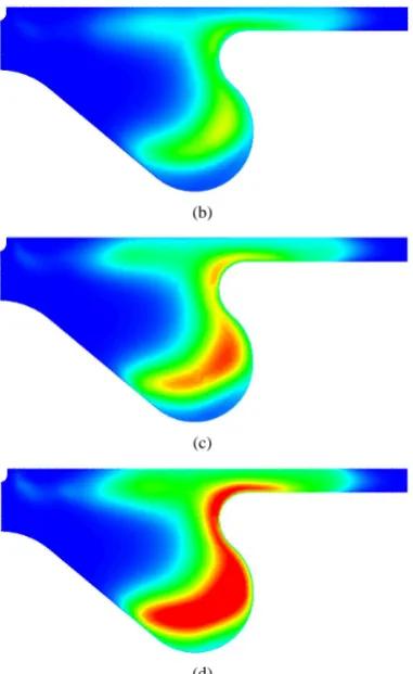 Figure 8. NO mass distribution in combustion chamber. (a) 13˚ CA ATDC (VO2 = 21%); (b) 13˚ CA ATDC (VO2 = 24%); (c) 13˚ CA ATDC (VO2 = 27%); (d) 13˚ CA ATDC (VO2 = 30%)