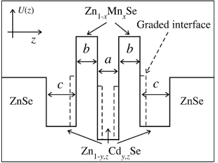 Fig. 1.A triple ZnMnSe–ZnCdSe–ZnSe quantum-well structure. Dashed linesdenote 2-ML—thick intermixing regions.