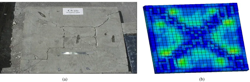 Figure 17. Predicted Ls-Dyna model and field observed damage in a typical test slab [bottom face]