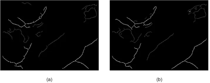 Fig. 12. Edge classification in a SAR image. (a) Edge classification when employing the optimal edge detector for the Rayleigh-Bessel distribution.(b) Edge classification when employing the ratio-of-averages edge detector.