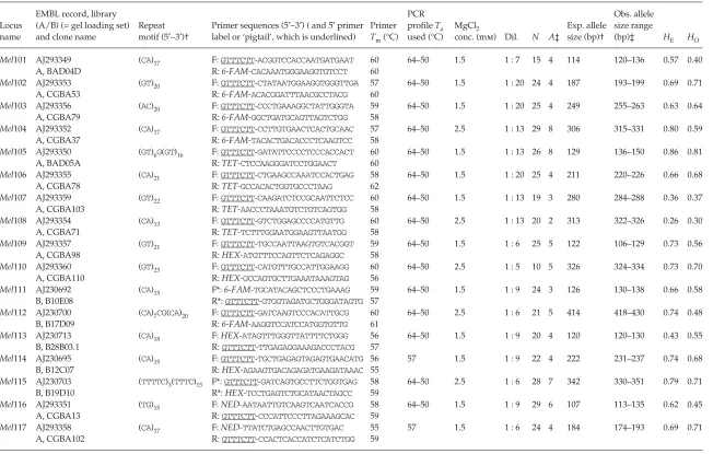 Table 1Polymorphic microsatellite loci in the Eurasian badger, Meles meles(a) Seventeen loci for which primers were fluorescently labelled and optimized for use on an ABI 377 DNA Sequencer in two gel-loading sets‡