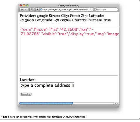 Figure 6 Cartagen geocoding service returns well-formatted OSM-JSON statements