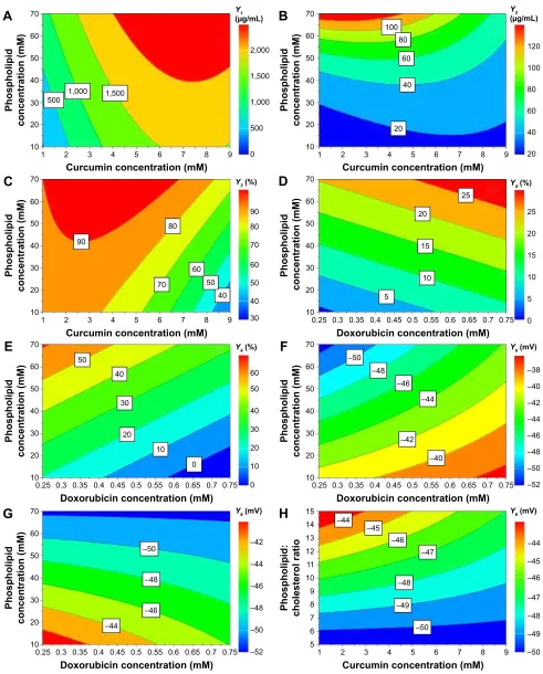Figure 3 contour plots showing the interaction between variables on the responses: the effect of X1X2 on entrapped cUr concentration, at 55°c and ph 5 (A); the effect of X1Xon entrapped DOX concentration, at 55°c and ph 5 (B); the effect of X1X2 on CUR entrapment efficiency, at 55°c and ph 5 (C); the effect of X1X3 on DOX entrapment efficiency, at 55°c and ph 4.5 (D) and 5 (E); the effect of X1X3 on zeta potential, at 55°c and ph 4.5 (F) and 5 (G); and the effect of X2X6 on zeta potential, at 55°c and ph 5 (H).Notes: X1, phospholipid concentration (mM); X2, curcumin concentration (mM); X3, doxorubicin concentration (mM); X6, phospholipid:cholesterol molar ratio.Abbreviations: cUr, curcumin; DOX, doxorubicin.