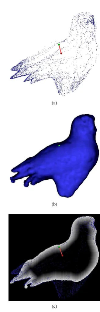 Fig. 6: (a) Scattered oriented points and (b) zero iso-surface of the dis-tance ﬁeld visually rendered using a known light source direction (c)distance ﬁeld for a particular cross section of the object (data courtesy:‘www.top3dmodels.com’).