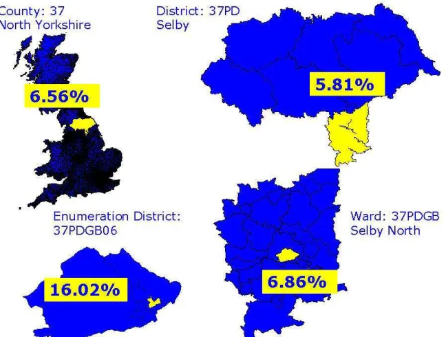 Figure 7: An example of ecological fallacy using census data (percentage of Males above 65  years of age in Selby, North Yorkshire)  