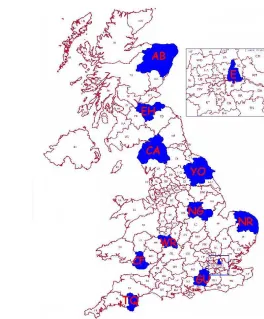 Figure 11: The location of the 11 sample Postal Areas used in this study 