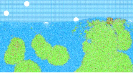Fig. 4. Snapshot from a random-arrangement simulation just as the upward-propagating shock is becoming adetonation