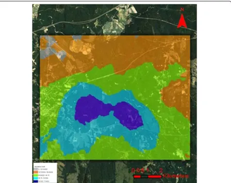 Figure 1 Predicted Culex erracticus abundance data using ordinary kriged model overlaid on a QuickBird visible and near infra-red(NIR) data of the Tuskegee study site.