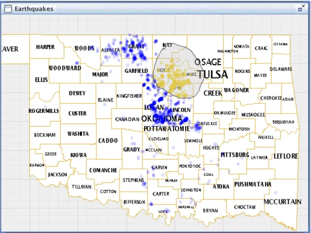 Figure 3.1: Example of the Select interaction. All the earthquake glyphs lying within the lasso region are selected