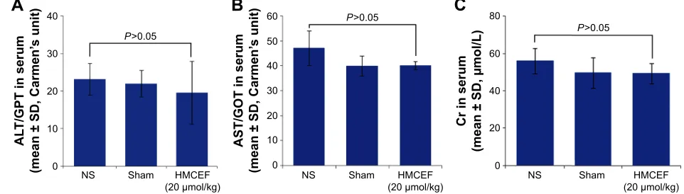 Figure 14 serum alT, asT and cr of healthy icr mice treated with 200 nmol/kg of hMceF or ns, n=12.Notes: (A) serum alT of healthy icr mice treated with hMceF or ns