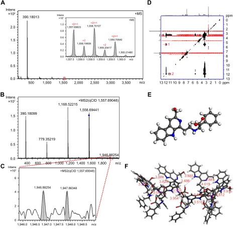 Figure 9 FT-Ms, qciD and rOesY 2D nMr spectra, as well as the conformation of hMceF.Notes: (A) FT-Ms spectrum and the insert of hMceF give an ion peak of monomer plus h at 390.18013, an ion peak of tetramer plus h at 1,557.69833 and a divalent ion peak of 