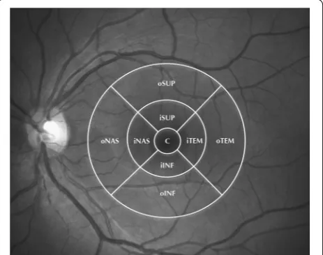 Fig. 1 In the present study a modified ETDRS grid (6 × 6 mm) was used overlapped to the macular retinal and choroidal thickness maps