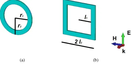 Figure 1. Geometrical sketch of the particles under study: (a) Circular ring; (b) Square ring