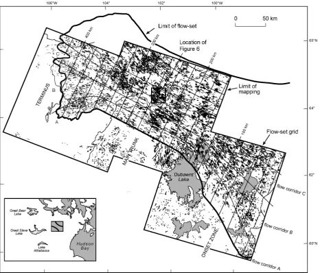 Fig. 1. Location map of the Dubawnt Lake �ow-set. Mapping from Landsat MSS imagery was concentrated on the southern half of the�ow-set because of cross-cutting bedforms in the north producing a complication