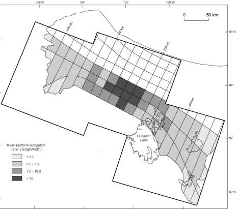 Fig. 5. Variations in bedform elongation ratios along the southern half of the Dubawnt Lake �ow-set