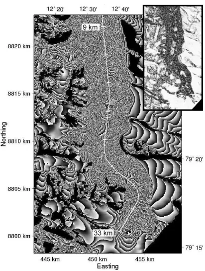 Fig. 1.Flattened, filtered, 1 � 5 multilooking interferogram of Monacobreenfor January 15 and 18, 1994