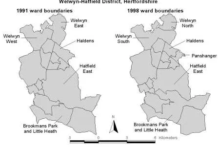 Figure 1: Ward boundaries 1991 and 1998, Welwyn-Hatfield district