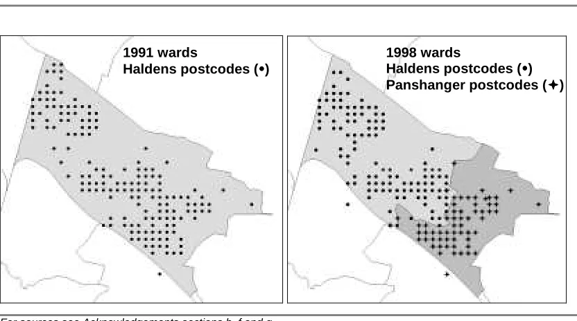 Figure 7: Constituent postcodes of wards in 1991 and 1998 (Haldens/Panshanger)