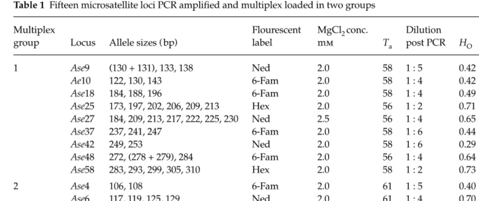 Table 1 Fifteen microsatellite loci PCR ampliﬁed and multiplex loaded in two groups