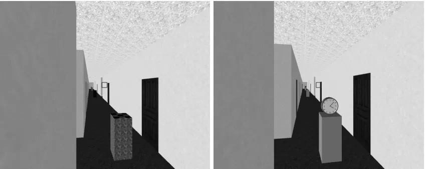 Figure 1  A virtual building with abstract landmarks (left) and everyday objects as landmarks (right)  