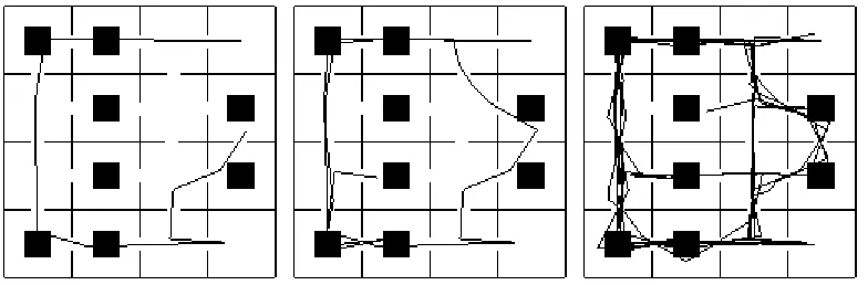Figure 4  Path followed during the 95-room, informed search. The target objects were in the rooms indicated by the black squares