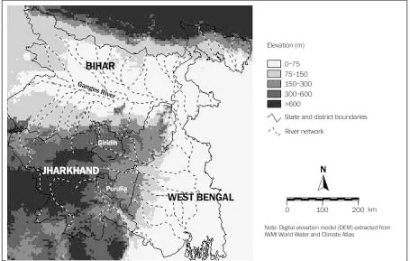 Fig. 2. Topography of Bihar and West Bengal, including study area.