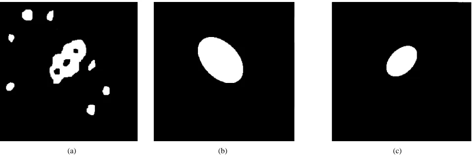 Fig. 3.Estimation of a distorted ellipse. (a) Distorted elliptic shape. (b) Estimating the ellipse using classical moments method