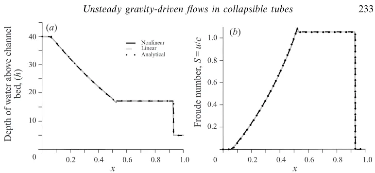 Figure 3. Solutions to the dam-break problem at te = 0.0: (a) the shape of the free surface and (b)the Froude number (ﬂuid velocity/wave speed) versus distance