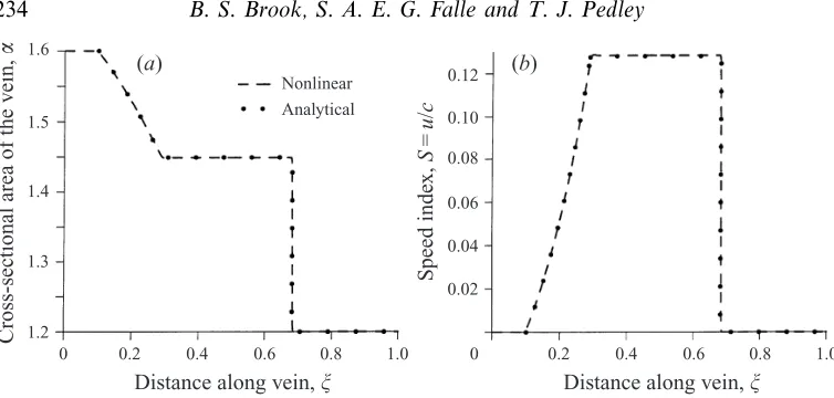 Figure 4. Solutions to the shock-tube problem at τe = 0.012: (a) the cross-sectional area of thetube, and (b) the speed index (ﬂuid velocity/wave speed), against distance along the vein using thetwo diﬀerent methods of solution as indicated in the text.