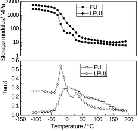 Figure 4. Temperature dependence of storage modulus and tanδfor PU and LPU1.                                         