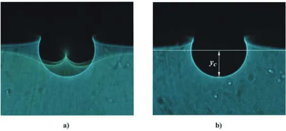 Fig. 6. Visual optical effect of caustics recorded on Araldit B in  reflected light. Caustics from front and rear surface (a)  and only from front surface (b)