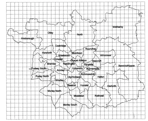 Figure 2. Leeds wards boundaries and the lkm x lkm grid. 