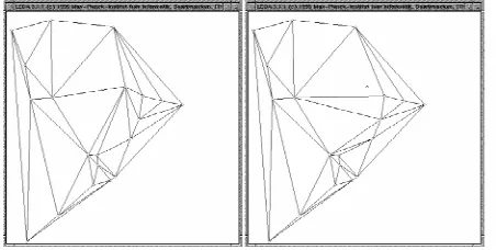 Fig. 2. An example of Delaunay graph editing by node deletion. Theoriginal graph is shown on the left, while the edited graph resultingfrom a node deletion is shown on the right.