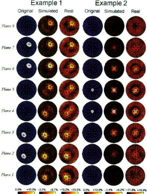 Figure 4. Comparison of simulated and real images. The original images, of change in conductivity Delta cngive a representation of nylon cylindrical blocks (diameter 50 mm, length 60 mm) positioned in a saline-filled , (sigma = 4 mS cm sup -1) phantom