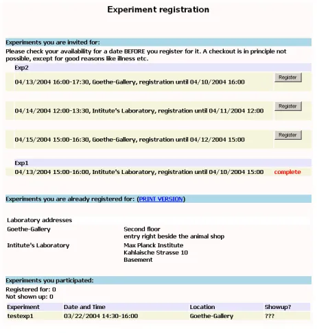 Fig. 3: Experiment registration page.