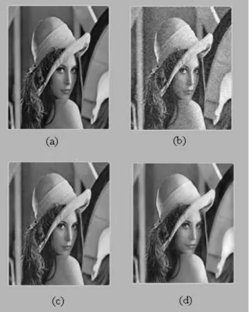 Fig. 4: (a) original image, (b) additive Gaussian noise, (c)  hard threshold and (d) soft threshold in curvelet domain