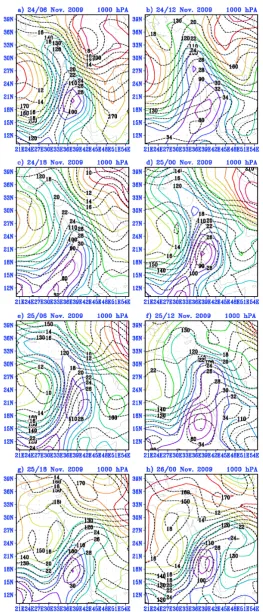Figure 6. 1000 hPa height contour in 10 m intervals (solid) and temperature (dotted) in 2˚C increments for 24/06-26/00 UTC November 2009