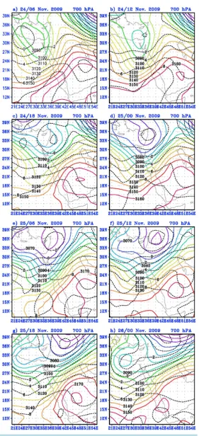 Figure 7. 700 hPa height contours in 10 m intervals (solid) and temperatures (dashed) in 2˚C increments for 24/06-26/00 UTC November 2009